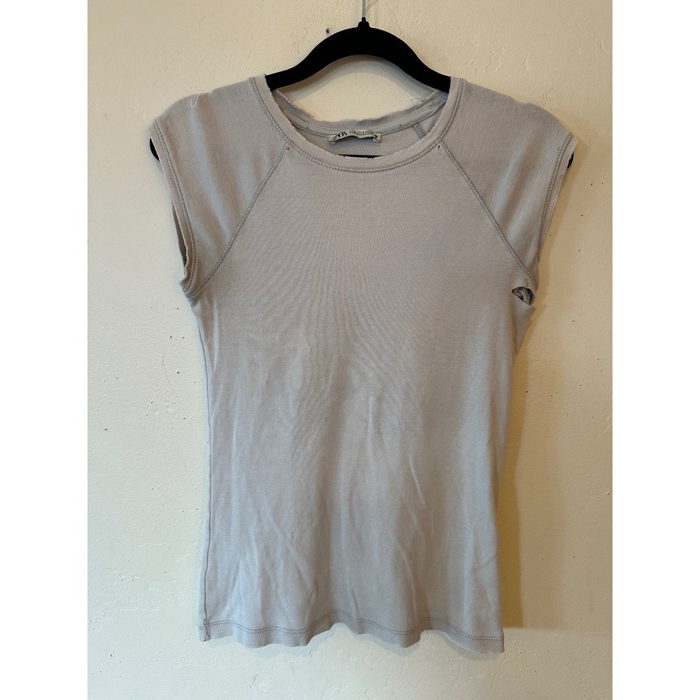 Zara Womens Destroyed Ribbed Knit Top Lite Grey Crew Neck Distressed Small - Picture 5 of 15